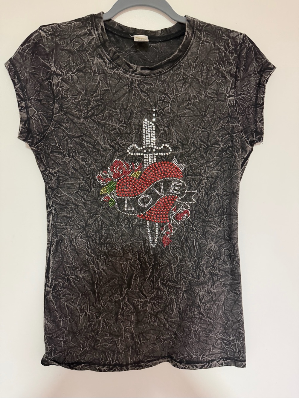 Black Crinkle Short Sleeve Tee with Rhinestone Heart & 'LOVE' Banner